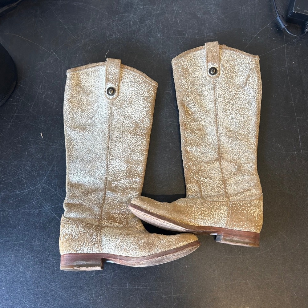 Frye Melissa Button Tall Boots Crackle Metallic Gold Leather Womens 5.5 B 76554 - Picture 7 of 16